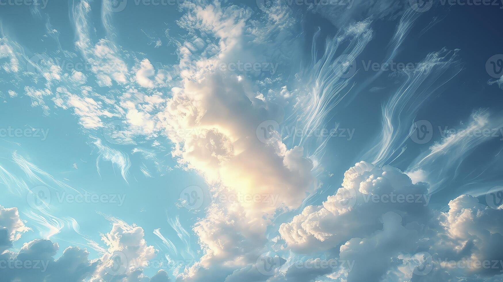 AI generated a clear blue sky scene with a trail of wispy Cirrus clouds and fine grains. photo