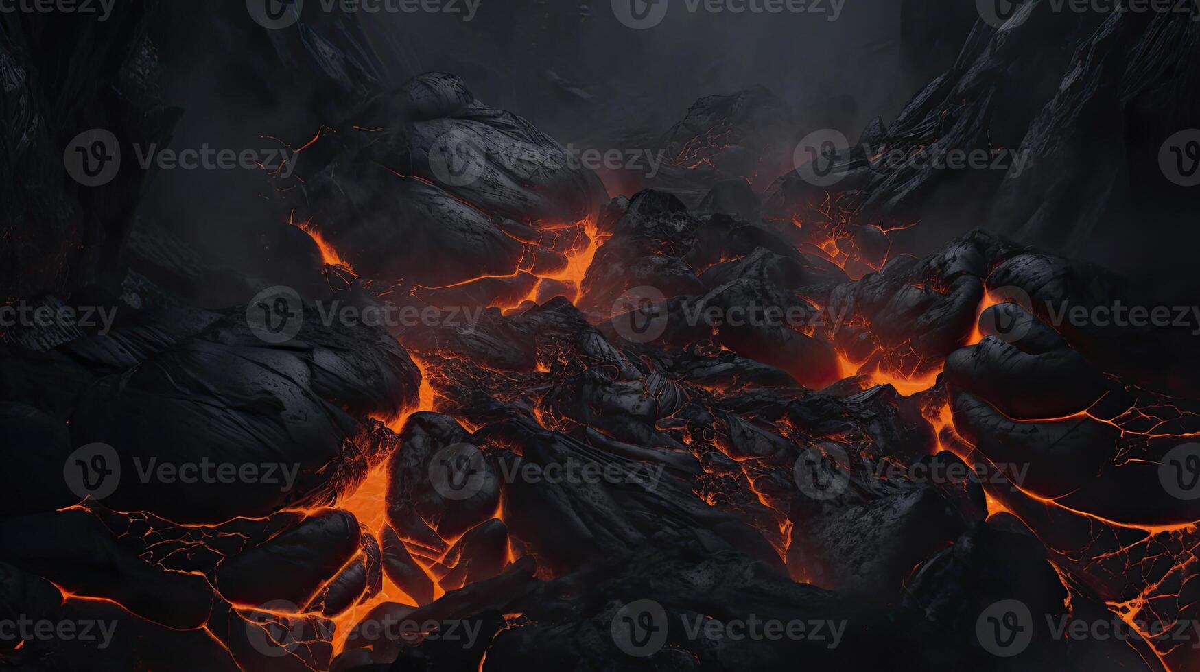 AI generated Dry black lava, there is liquid lava flowing between the many cracks. tense atmosphere in the dark. there was a thin layer of smoke in between. 3D Render illustration photo