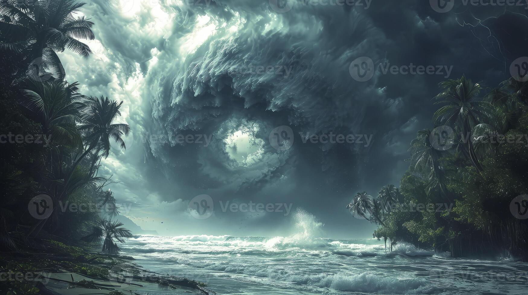 AI generated a tornado storm in the ocean with a tropical island in the distance, creates a contrast between the beauty of nature and the danger of the storm. photo