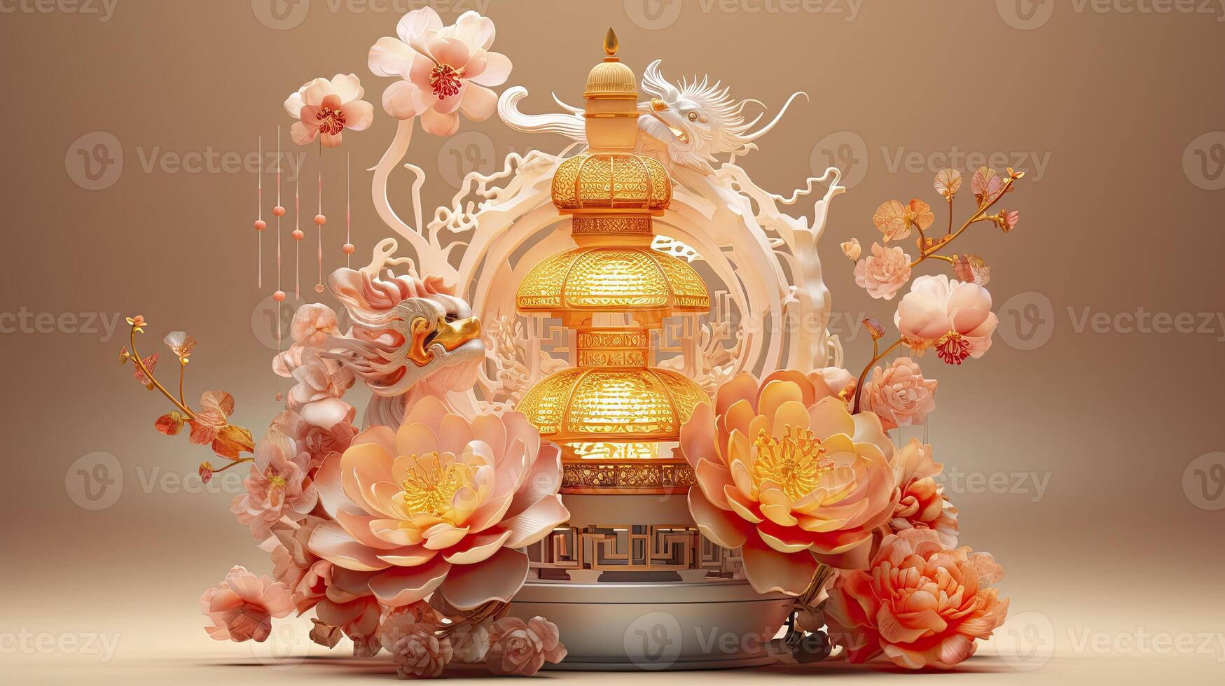 AI generated Happy chinese new year the dragon zodiac sign with flower, lantern, chinese elements. made from resine luxury style. 3d render. photo