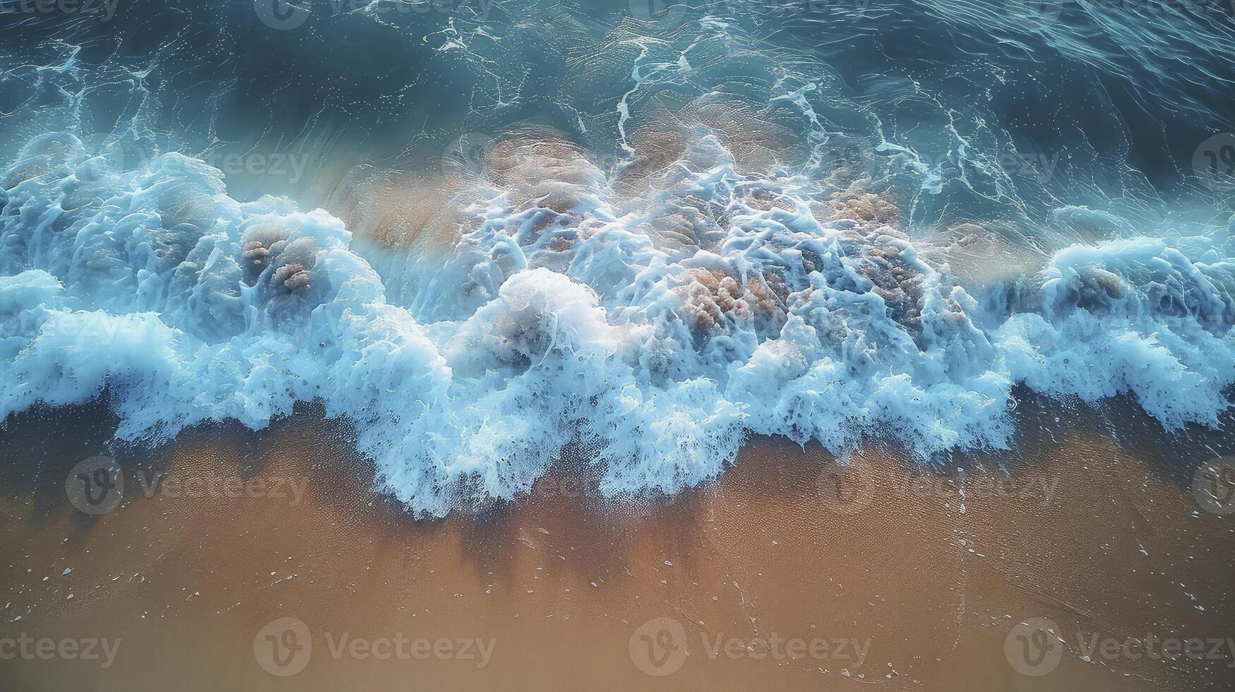 AI generated Beautiful blue ocean waves on clean sandy beach background. Summer vacation background concept. photo