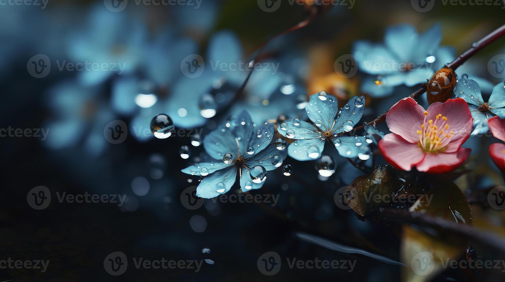 AI generated Raindrops on the blue flower after the rain, in the forest looks wet and fresh. photo