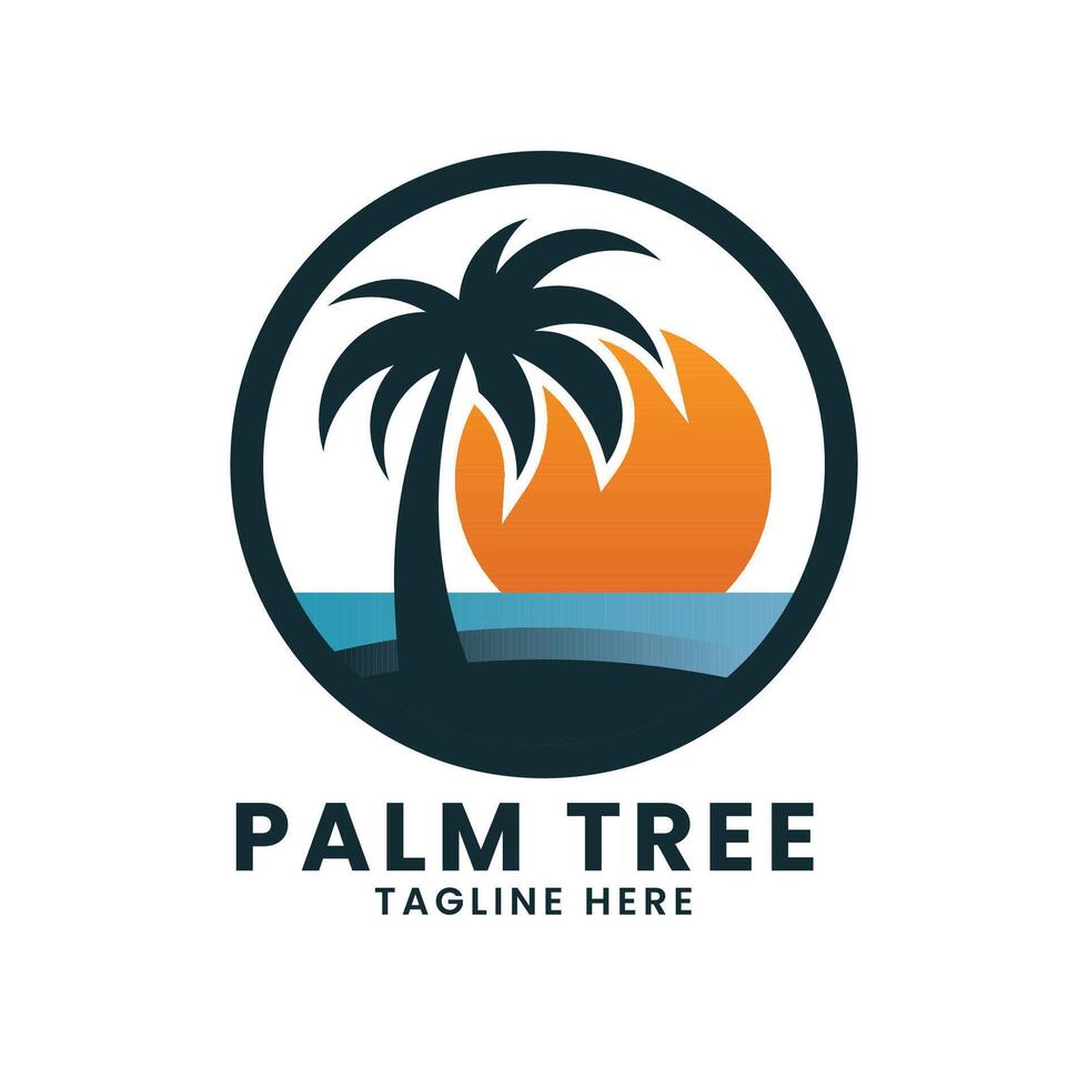 Sunset sea ocean beach logo design.palm tree logo design vector.wave logo design.leaf tree logo design vector