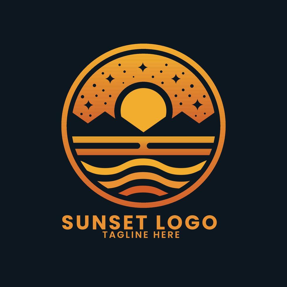 Sunset sea ocean beach logo design.palm tree logo design vector.wave logo design.leaf tree logo design vector