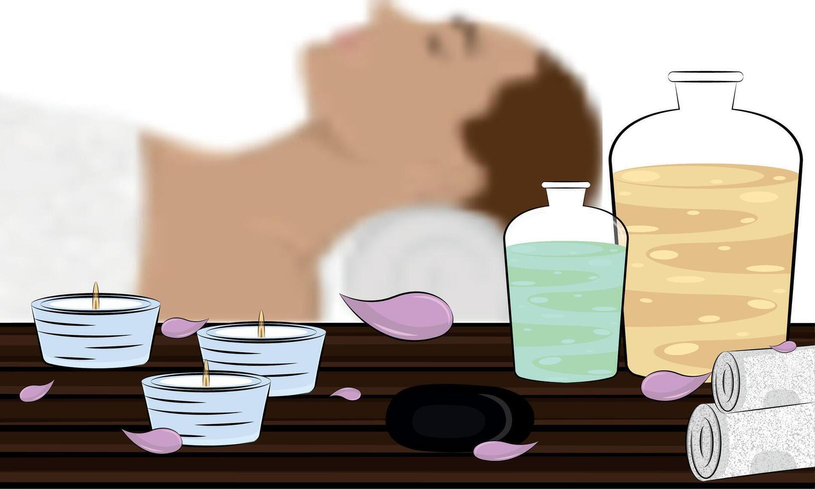 Spa candles and spa flask bottles Woman relaxing Spa Vector