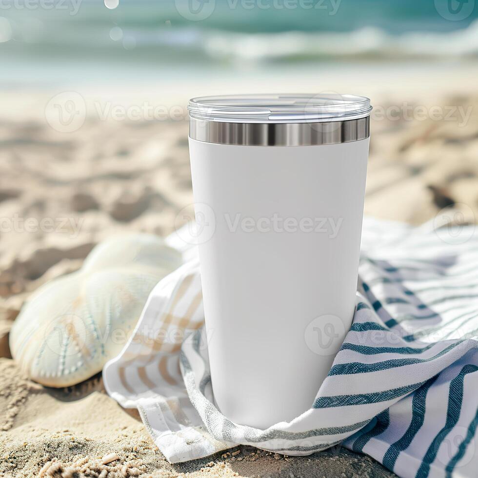 AI generated Beach Essentials, Blank White Tumbler on Sandy Towel photo