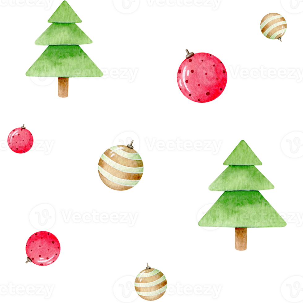 Christmas balls and tree seamless pattern. Hand drawn watercolor illustration. Winter holidays design for fabric, wallpaper, textile. New Year print. png