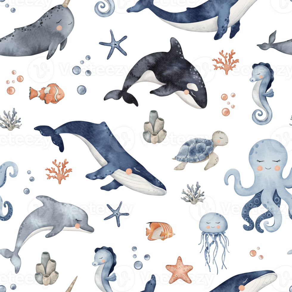 Underwater Animals seamless pattern. Cute undersea endless line with whale, orca, octopus, seahorse, jellyfish, turtle, clownfish, shells, algae, corals and bubbles. Hand drawn watercolor illustration png