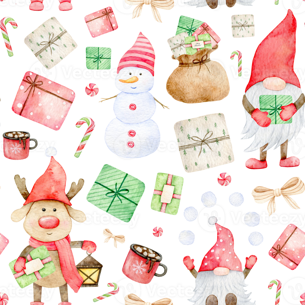 Christmas seamless pattern with Adorable Gnome, scandinavian elf, snowman, deer, giftbox, candy, New Year print. Watercolor hand drawn illustration for wrapping paper, textile, fabric png