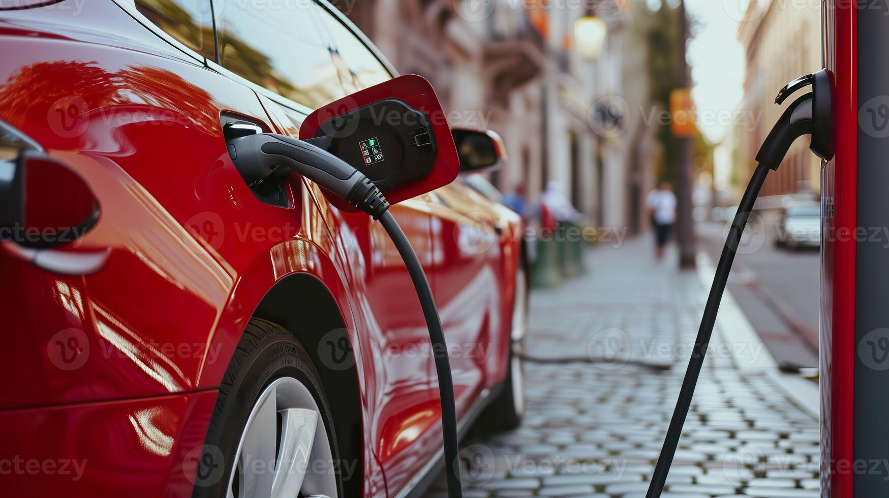 AI generated Charging the Future, Electric Car Battery at a Green Energy EV Charger Station photo