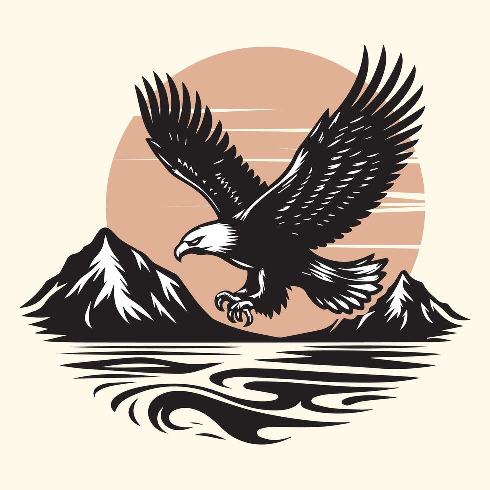 Eagle flying over the mountains. Vector illustration in retro style.