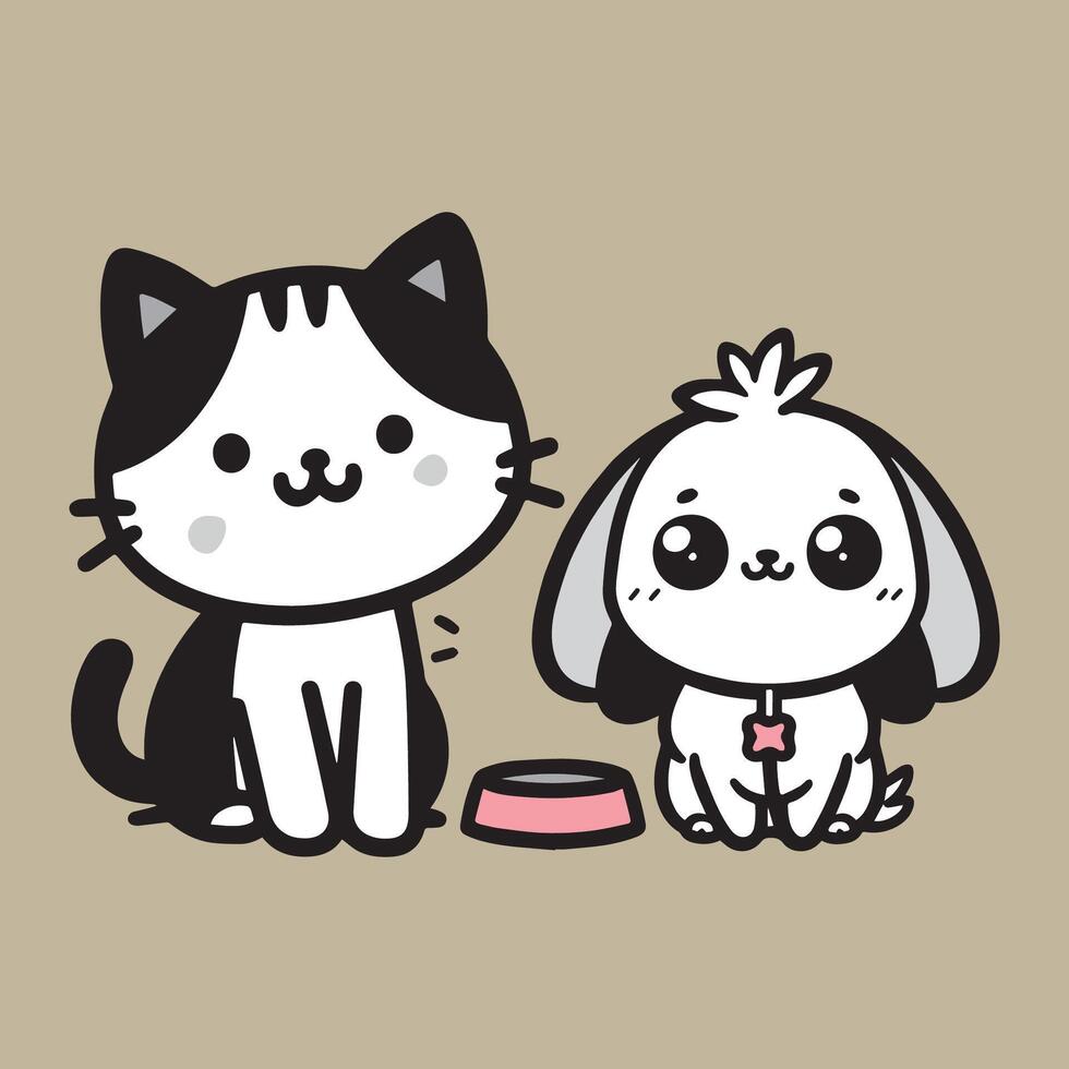 Cute cartoon cat and dog with a bowl. Vector illustration.