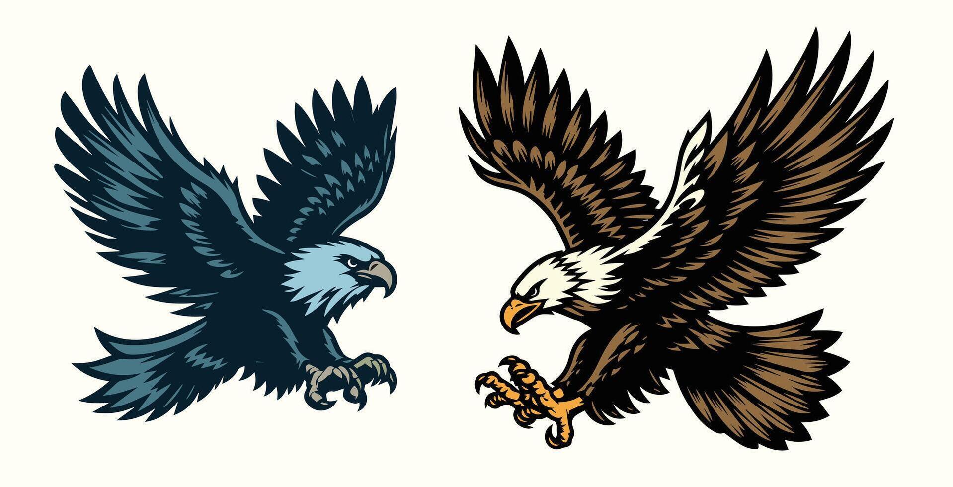 Eagle in flight and in flight. Vector illustration in vintage style.