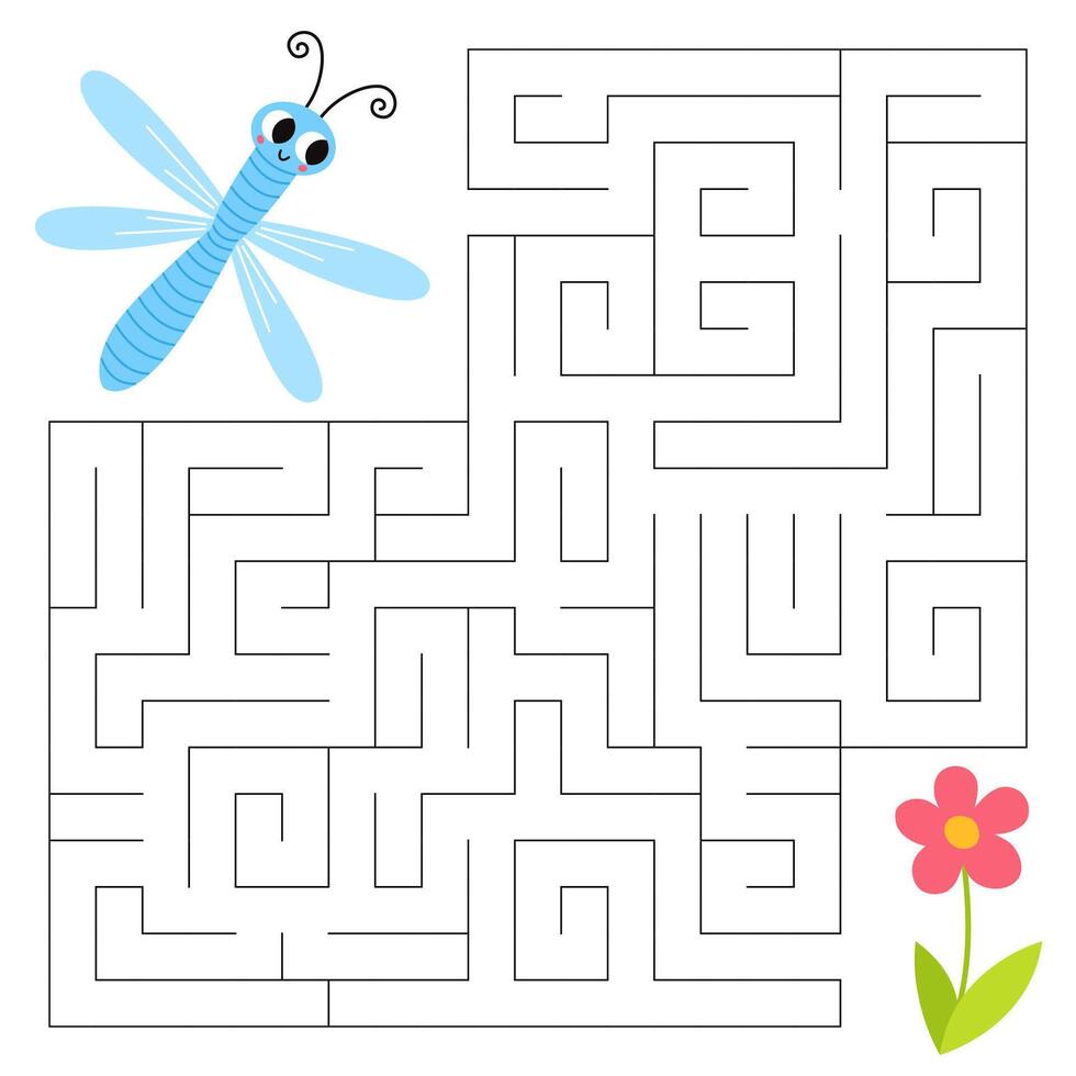 Insects maze game for kids. Cute dragonfly looking for a way to the flower. Printable worksheet with solution for school and preschool. Vector cartoon illustration.