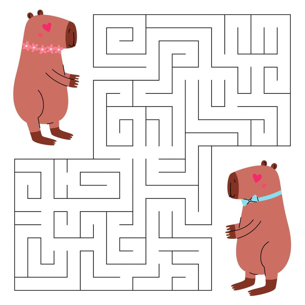 Valentine day maze game for kids. Cute lovely capybara looking for a way to the lovely capybara. Printable worksheet with solution for school and preschool. Vector cartoon illustration.