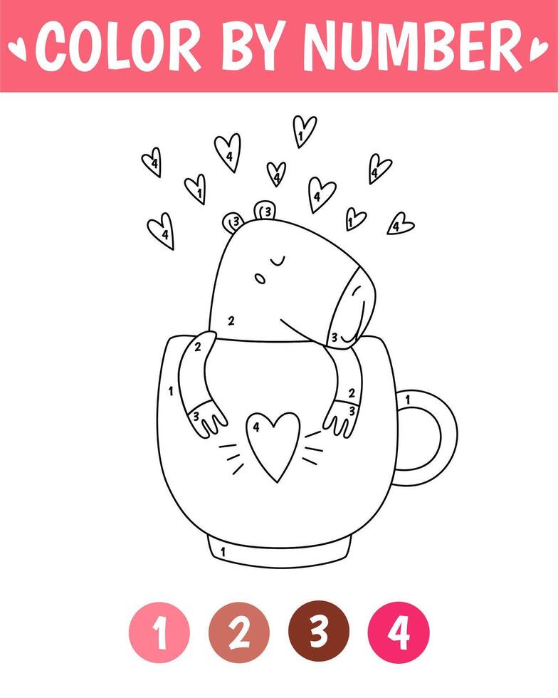 Color by number game for kids. Cute lovely capybara in cup. Valentine day coloring book. Printable worksheet with solution for school and preschool. Learning numbers activity. vector