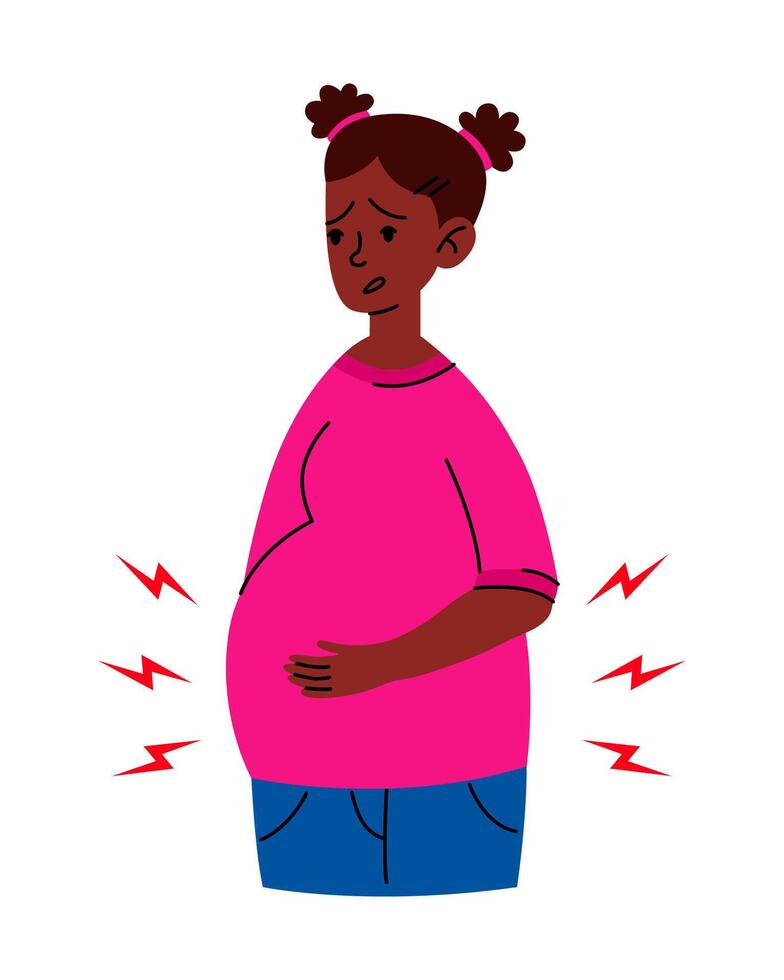 Worried black Pregnant woman stomach ache. Mother in bad condition. Sickness, Pregnancy symptoms, motherhood, Health problem concept. Premature birth, contractions. Flat vector isolated Illustrations.