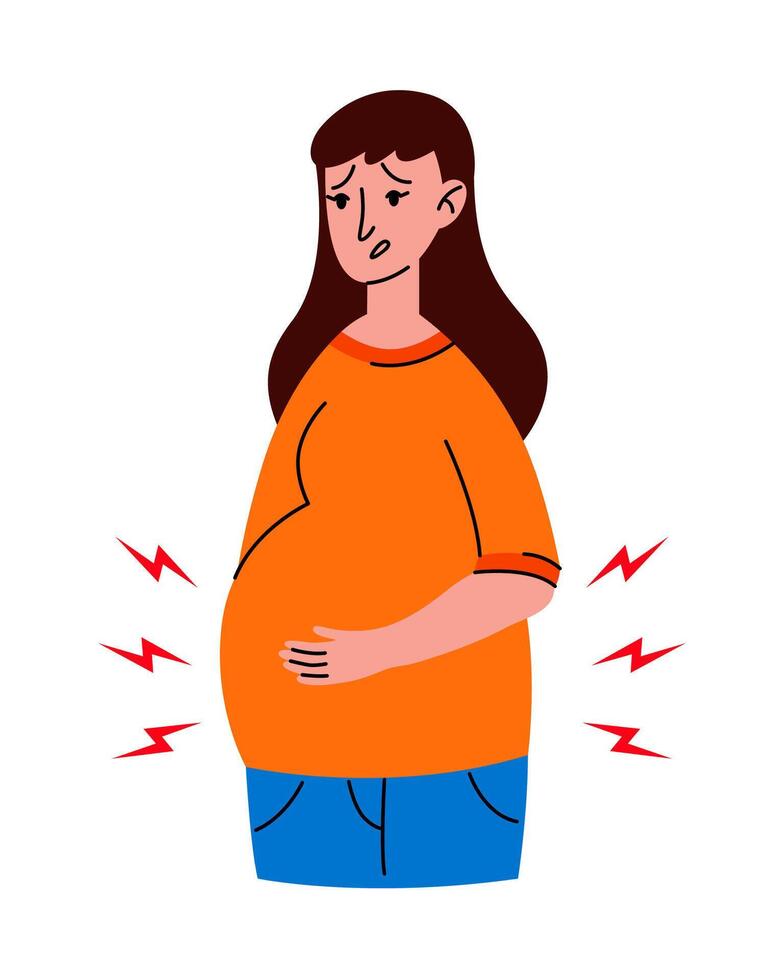 Worried Pregnant woman stomach ache. Mother in bad condition. Sickness, Pregnancy symptoms, motherhood, Health problem concept. Premature birth, contractions. Flat vector isolated Illustrations.