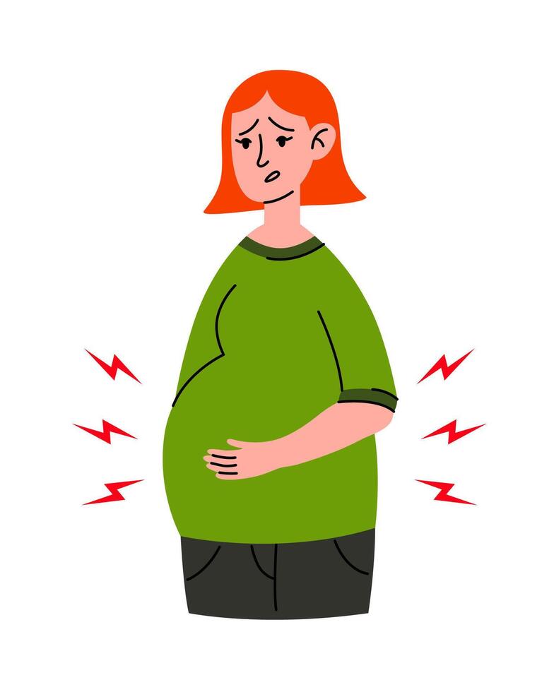 Worried Pregnant woman stomach ache. Mother in bad condition. Sickness, Pregnancy symptoms, motherhood, Health problem concept. Premature birth, contractions. Flat vector isolated Illustrations.