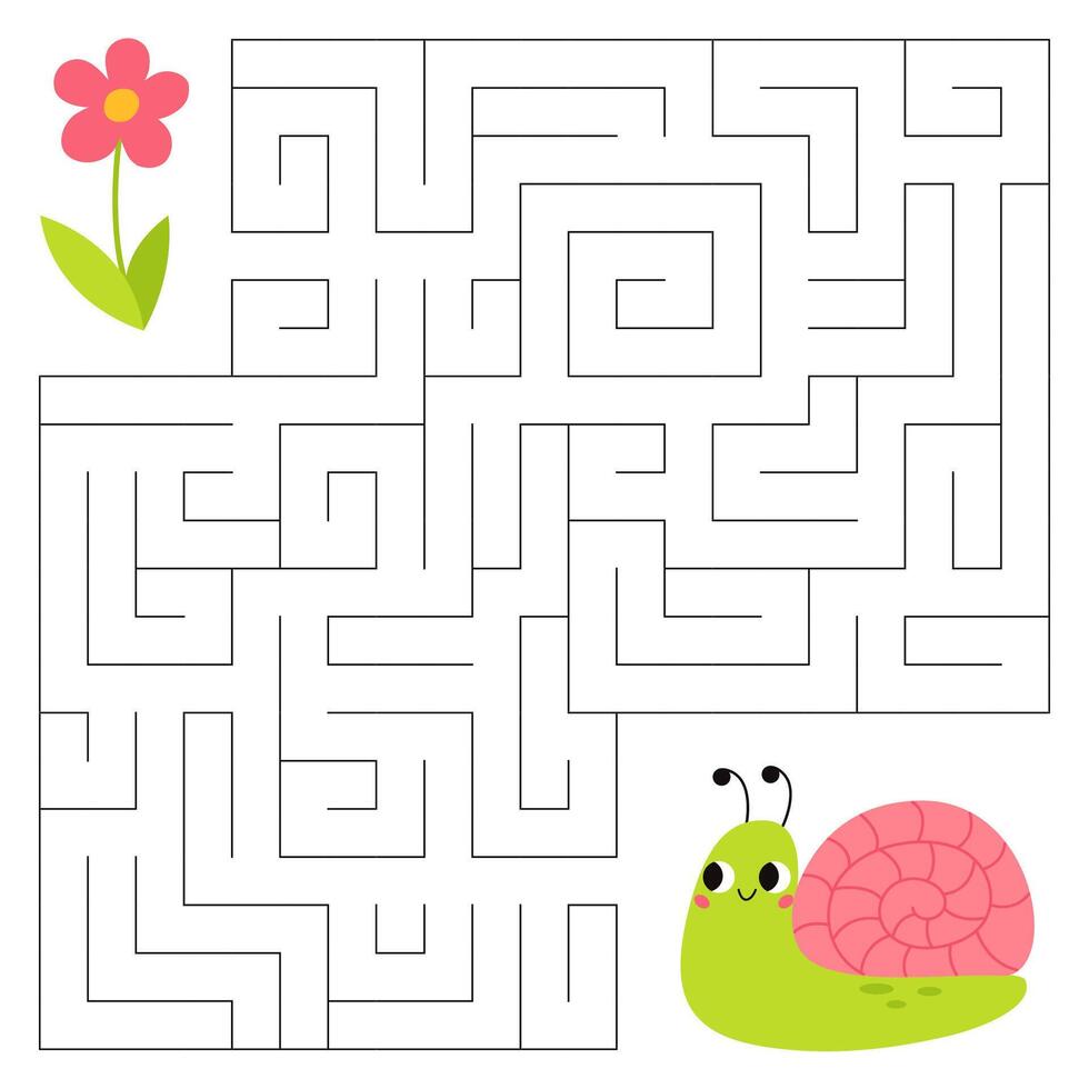 Insects maze game for kids. Cute snail looking for a way to the flower. Printable worksheet with solution for school and preschool. Vector cartoon illustration.