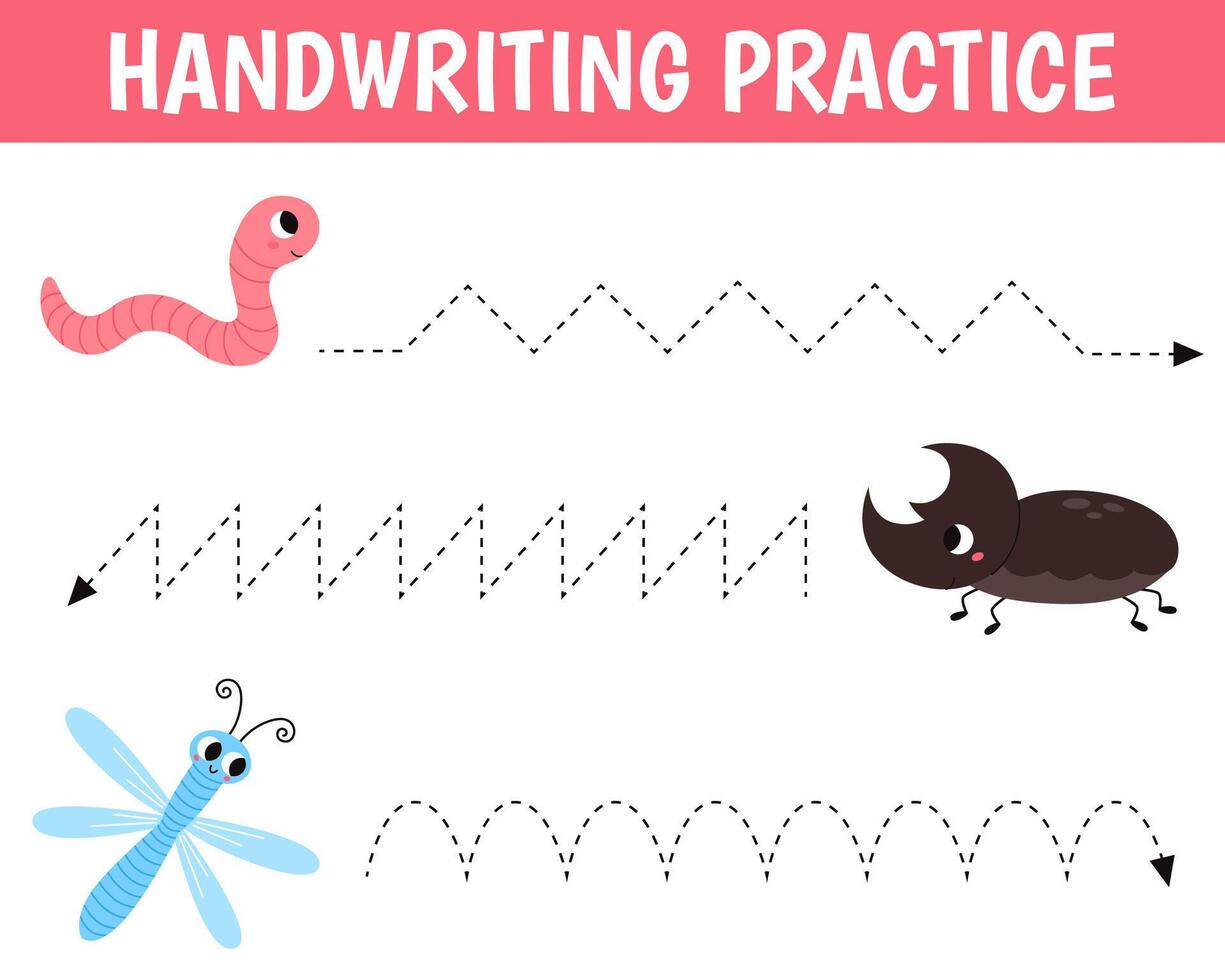 Worksheet for practicing fine kids motor skills. Handwriting practice. Educational game for kids. Insects. Worm, dragonfly and rhinoceros beetle. Vector cartoon illustration.