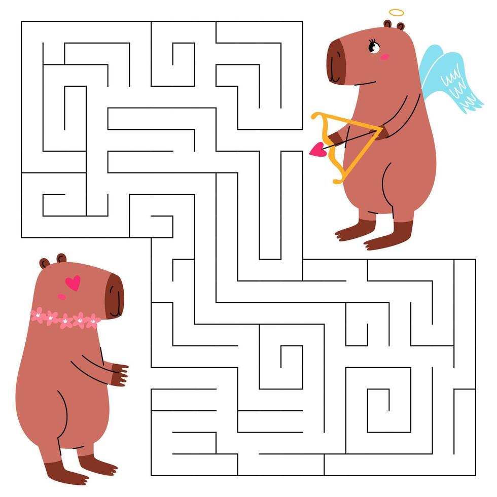 Valentine day maze game for kids. Cute cupid capybara looking for a way to the lovely capybara. Printable worksheet with solution for school and preschool. Vector cartoon illustration.