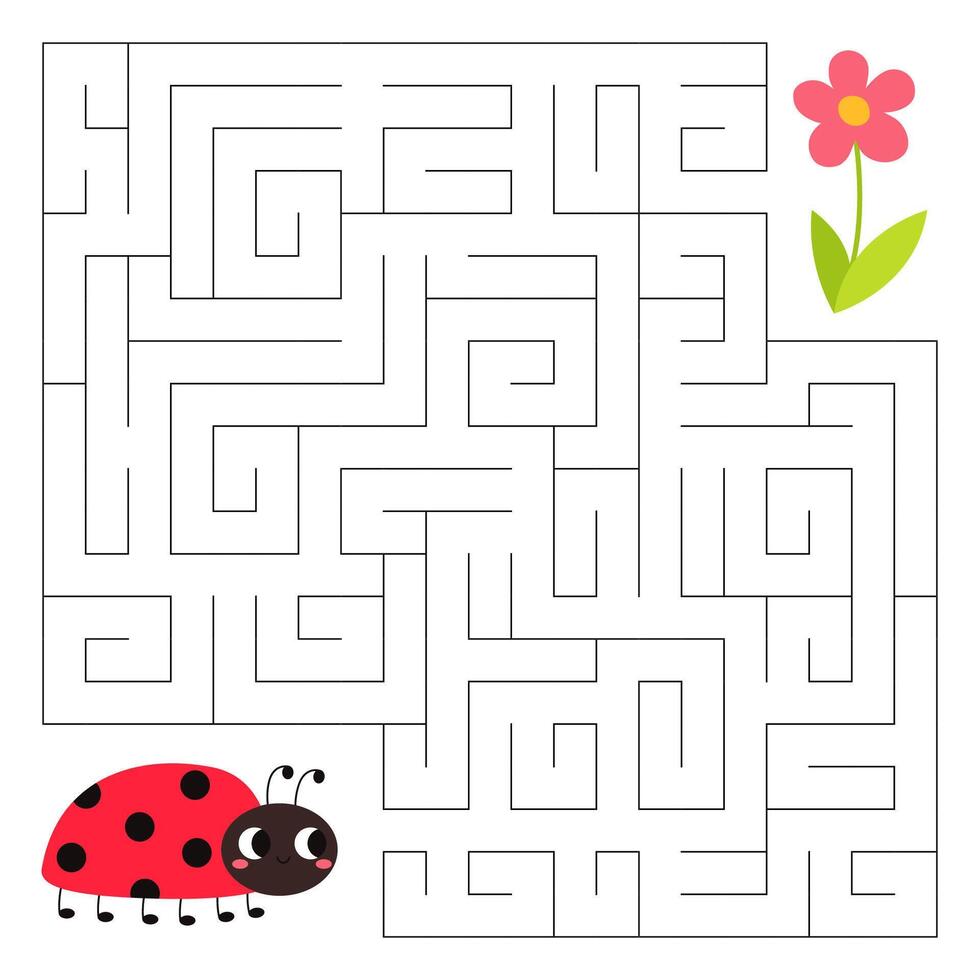 Insects maze game for kids. Cute ladybug looking for a way to the flower. Printable worksheet with solution for school and preschool. Vector cartoon illustration.