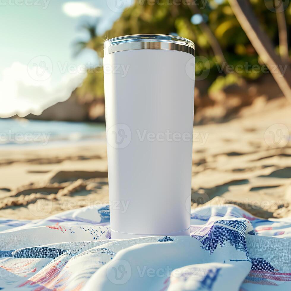 AI generated Beach Essentials, Blank White Tumbler on Sandy Towel photo