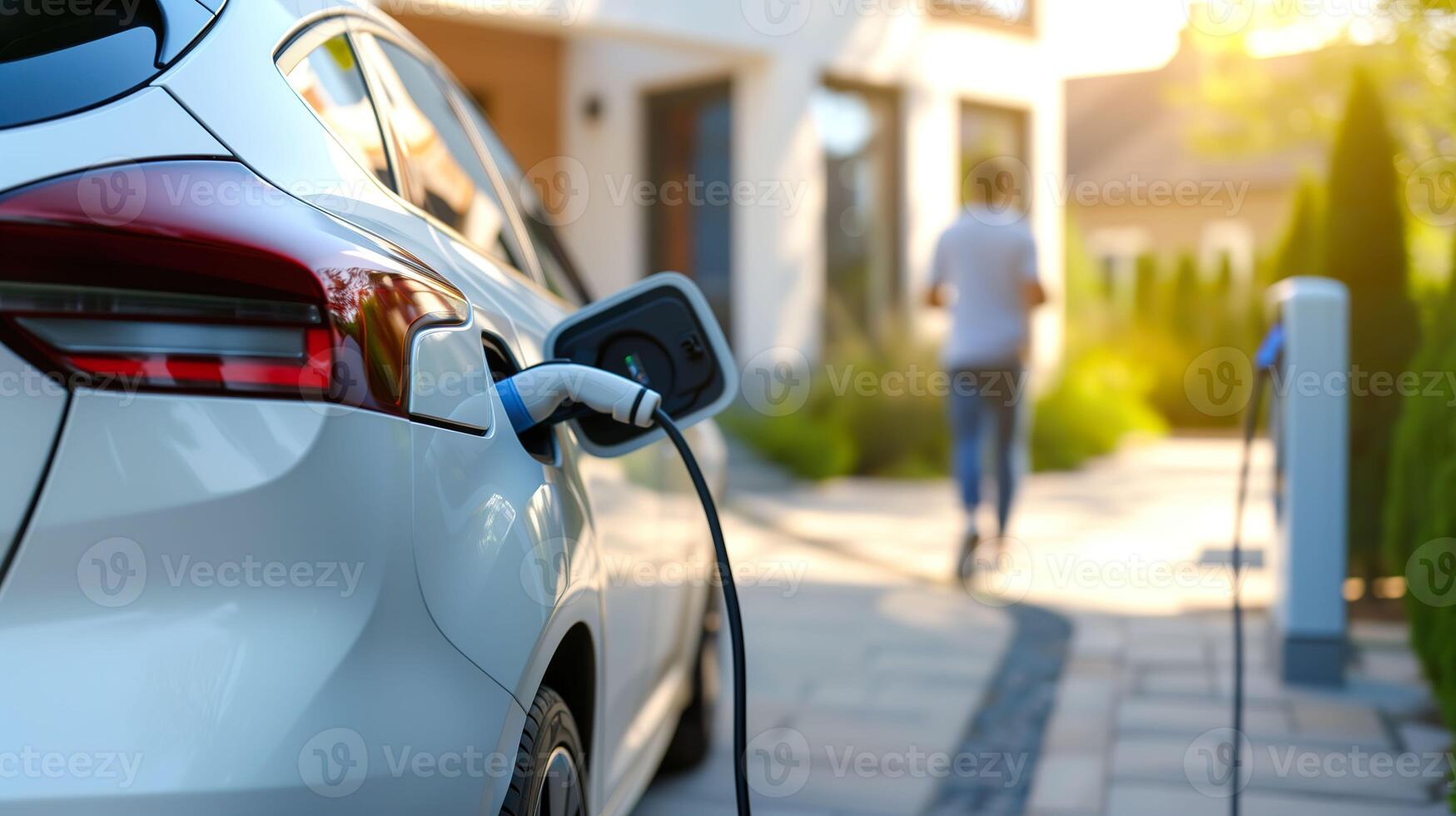 AI generated Electric Car Charging at Home, Eco Friendly Concept with Progressive Man photo