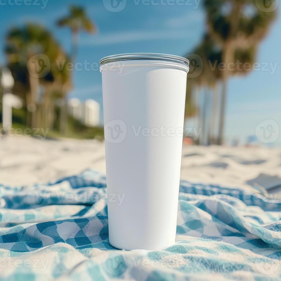 AI generated Beach Essentials, Blank White Tumbler on Sandy Towel photo