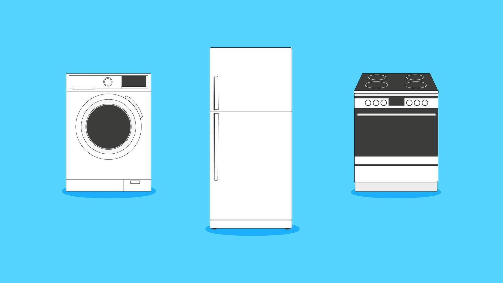 un conjunto de Tres casa accesorios un Lavado máquina, un refrigerador y un eléctrico cocina. vector