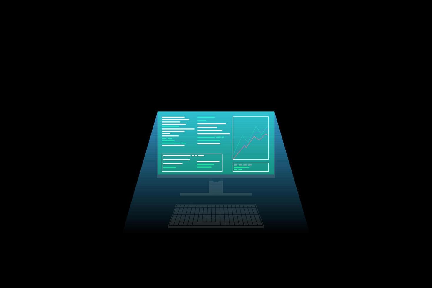 un grande computadora monitor desde cuales ligero viene y ilumina el teclado en un oscuro habitación. vector