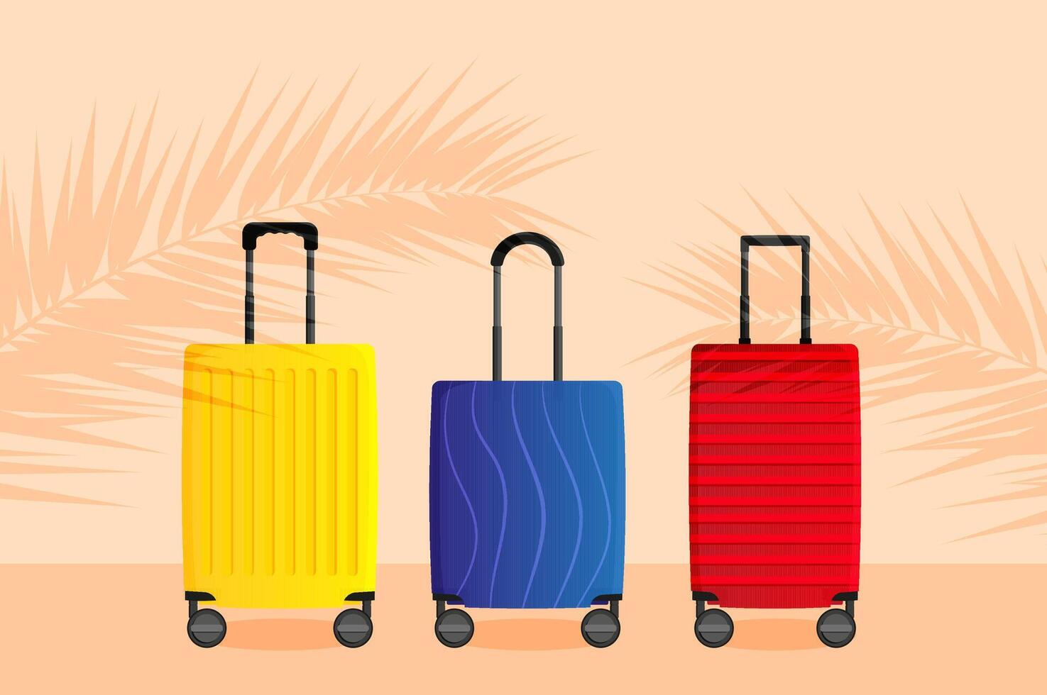 A set of three travel suitcases on a beige background with shadows from palm leaves. vector