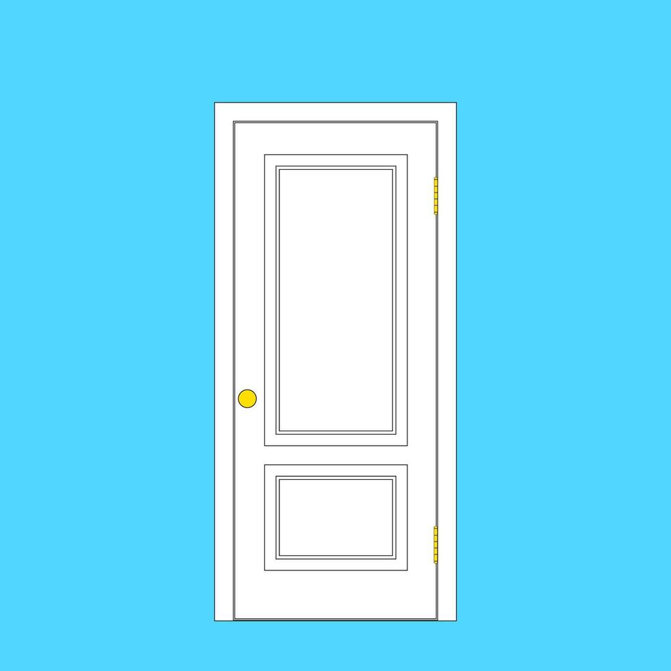 White door with a golden round handle. Interior or entrance door on hinges with a white door box. vector