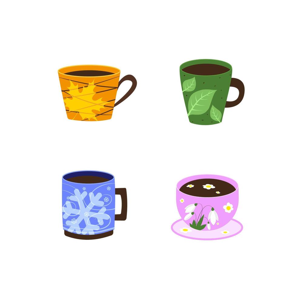 Stylized beautiful tea or coffee mugs on white background symbolizing four seasons. vector