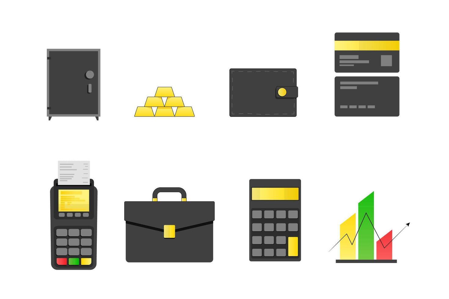 conjunto de íconos en el tema de negocio, Finanzas y carrera crecimiento hecho en negro y oro noble color. vector