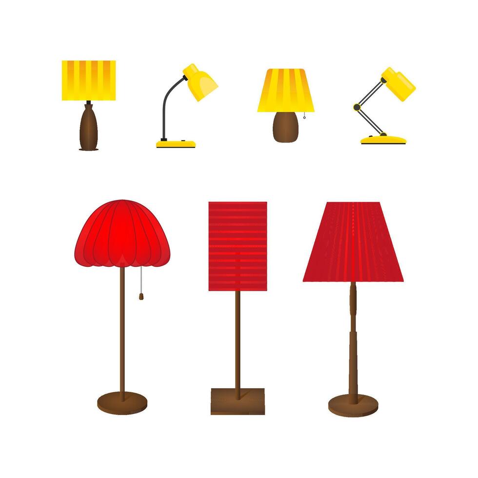 A set of cozy lamps for the interior. A collection of different table lamps, floor lamps. vector
