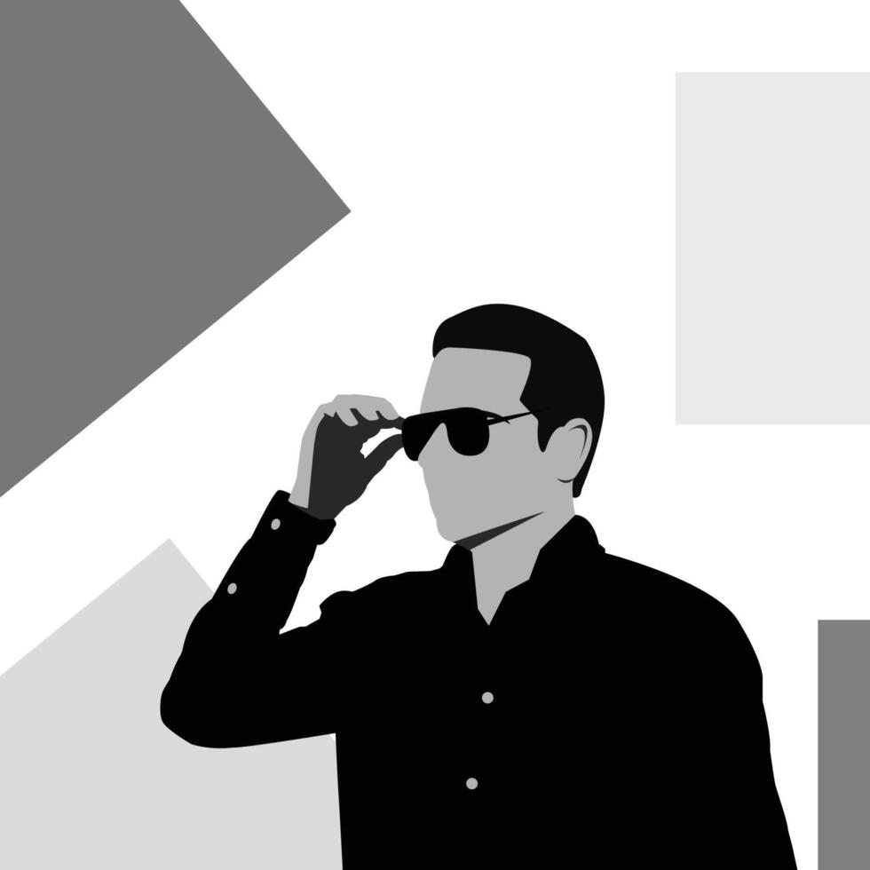 Black and white modern vector portrait of a man adjusting sunglasses. The man in the black shirt.