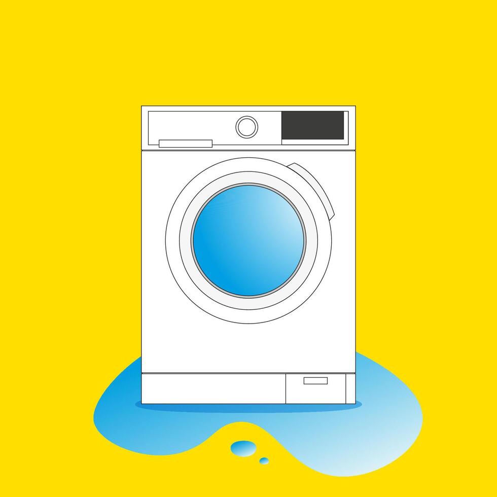 A broken, faulty, leaking washing machine. Repair of household appliances. Vector illustration.