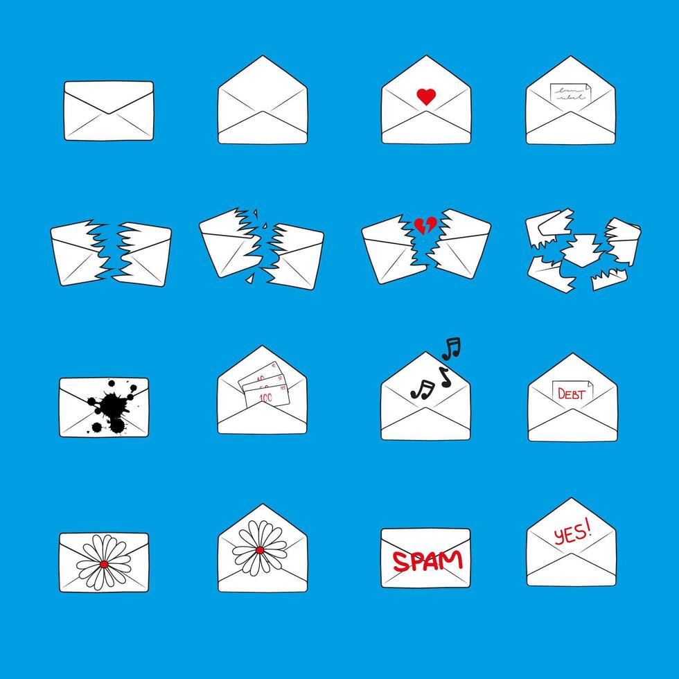 A large set of envelopes icons in drawn style. Open and closed letters. Empty and full envelopes. vector