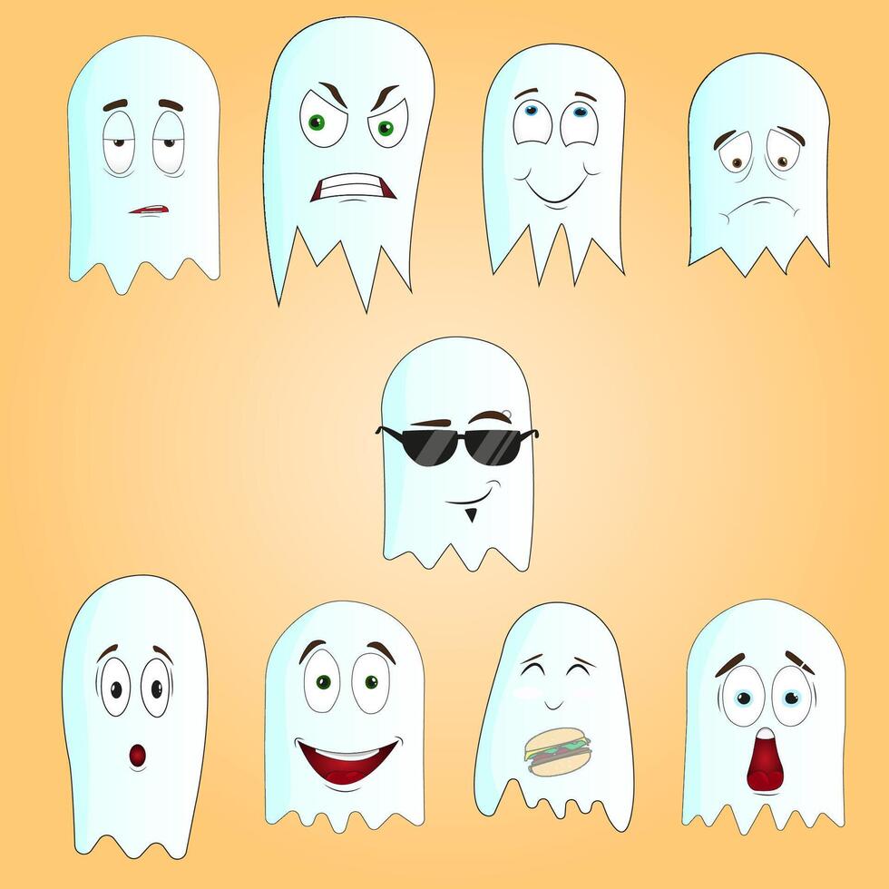 Funny cartoon ghosts with funny faces, everyone has their own emotion. Cute vector stickers.