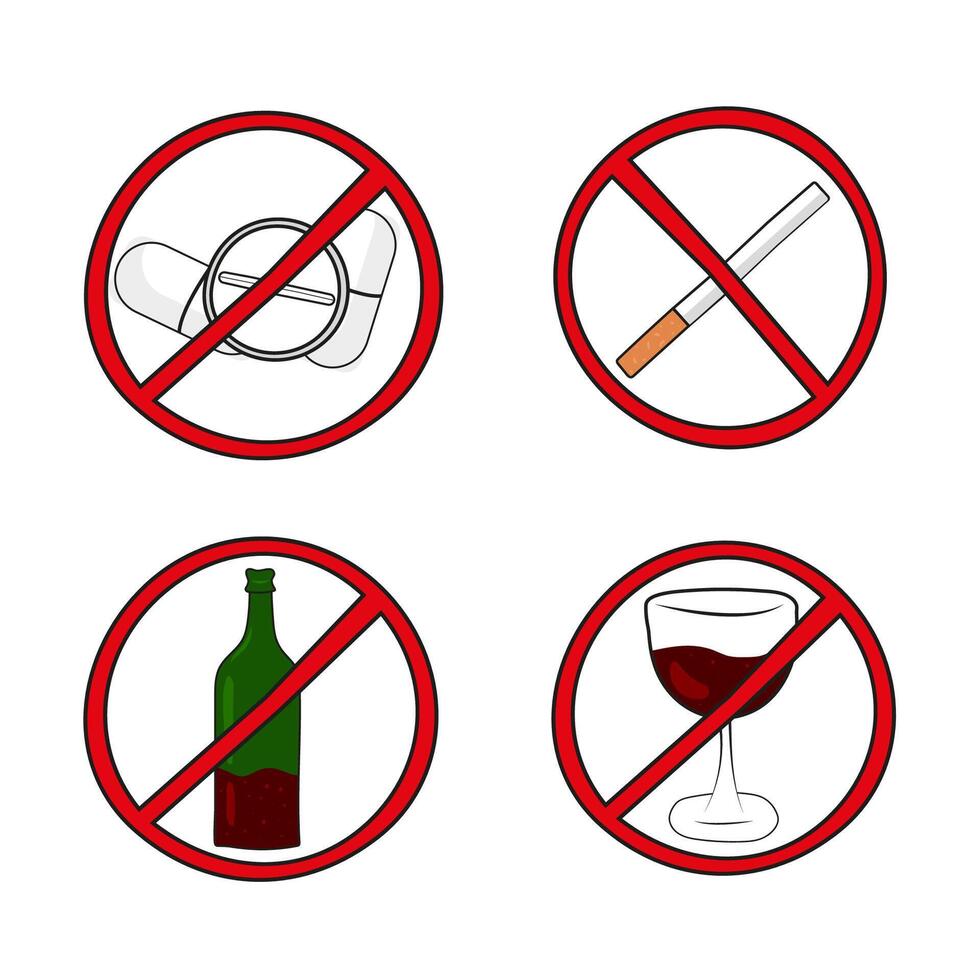 Hand-drawn forbidding signs. Stop alcohol, drugs, cigarettes. Smoking is prohibited. vector