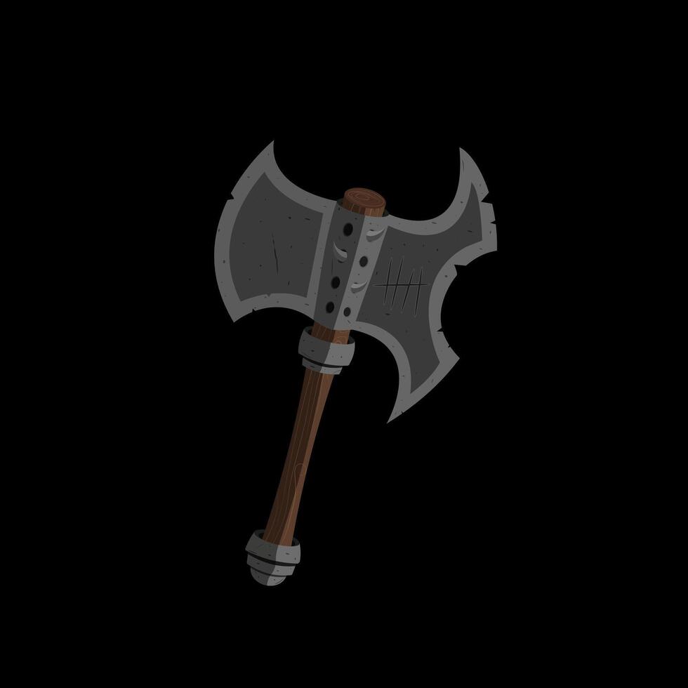 A fantasy orcish battle steel axe with a wooden handle with scratches and damage in a painted style. vector