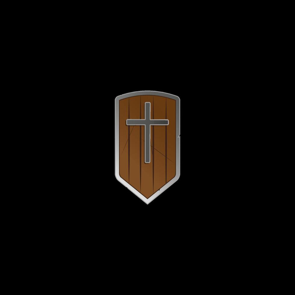 A powerful wooden shield with steel edging and a cross, damaged and scratched in battle. vector
