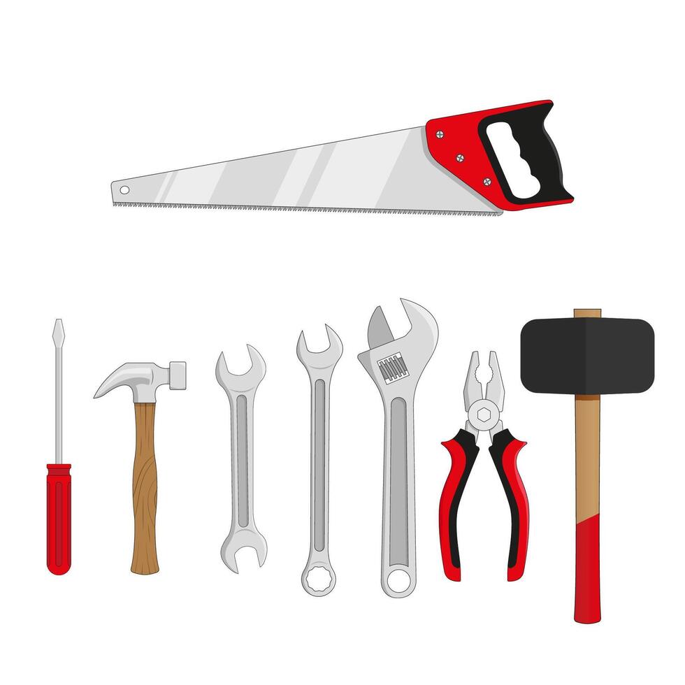 un conjunto de herramientas para manual trabajar. sierra, martillo destornillador, llaves inglesas, alicates, mazo. vector