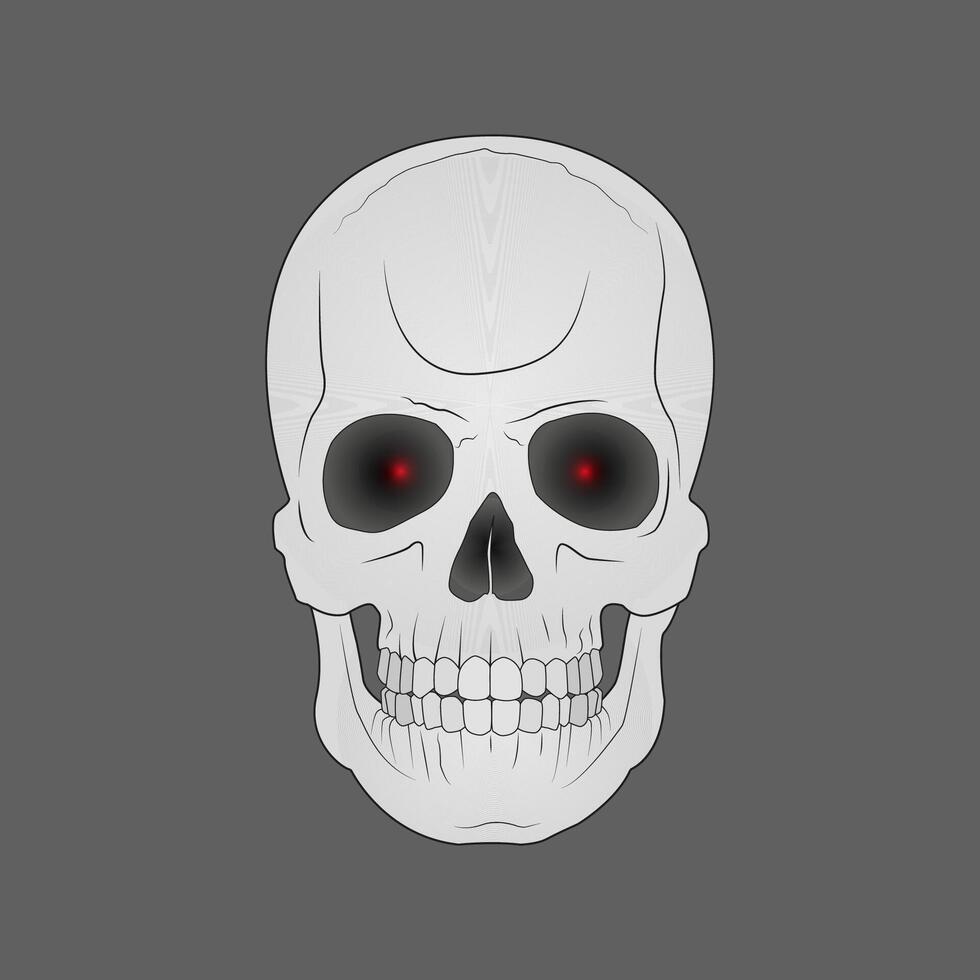 Vector sinister human skull with red eyes in black eye sockets. Tattoo, sketch, rock music.