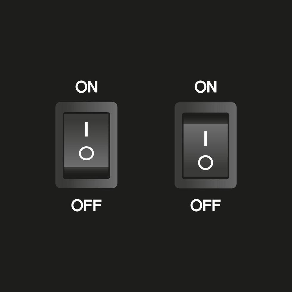 A black switch with white labels and inscriptions in two positions. On and off. vector