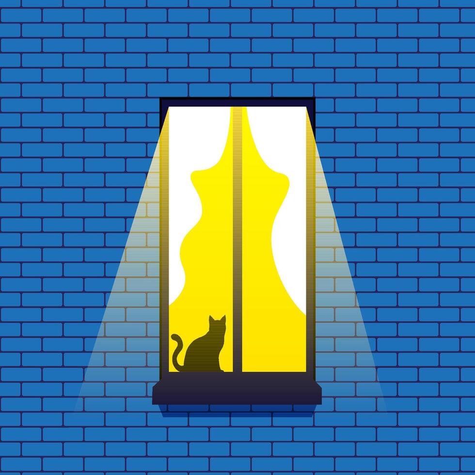 A brick wall with a window from which a cozy warm light pours in. On the windowsill sits a black cat vector