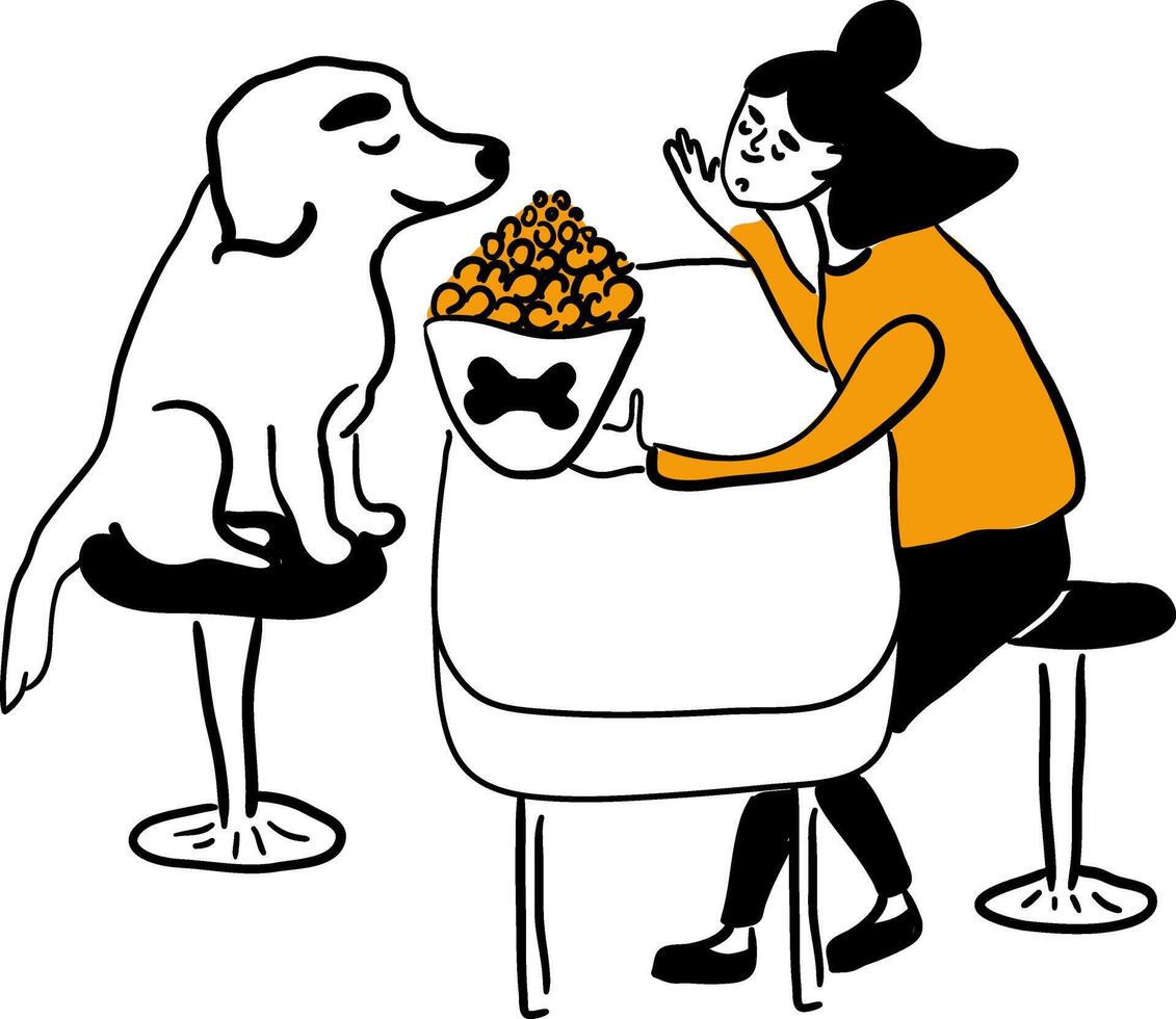 Pet friendly cafe concept. A girl sits at a cafe table with her domestic dog and offers her pet some tasty food. Vector illustration in doodle style isolated on white background.