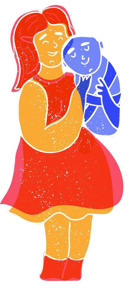 A happy pregnant mother hugs her baby.Vector doodle illustration with retro risograph effect. A concept for Mother's Day about pregnancy and motherhood. vector